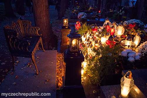 Candles Lit at a Prague Cemetery on All Souls' Day